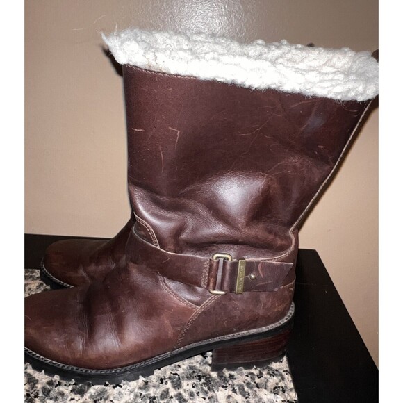 Cole Haan Champion Brown Leather Waterproof Zip Up Boots Womens 7.5 sherpa trim - Picture 3 of 10